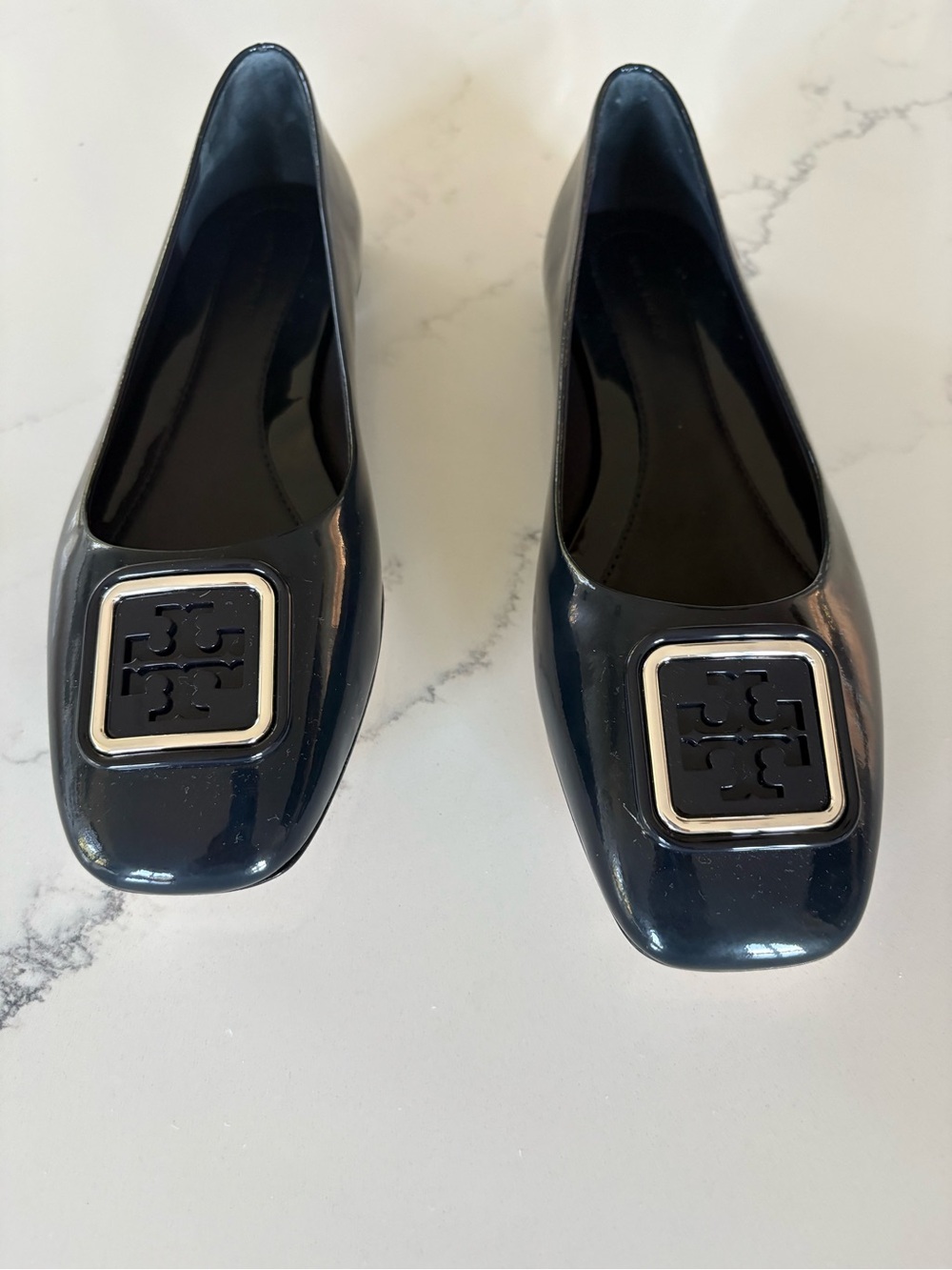 Tory Burch Navy Patent Logo Square-Toe Flats
